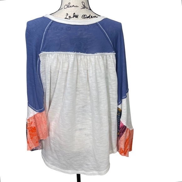 Free People Batwing Oversized Flowy Boho Color Block w/Florals Raw Hem Size L - Picture 9 of 14